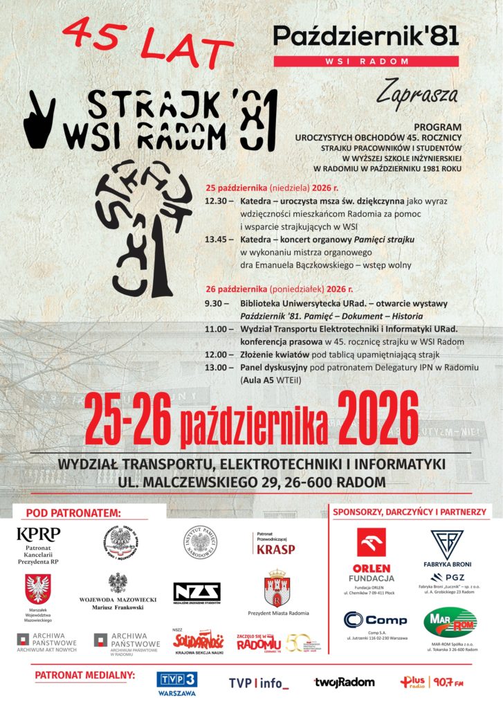 Zaproszenie na uroczyste obchody 45. Rocznicy Strajku WSI Radom ‘81